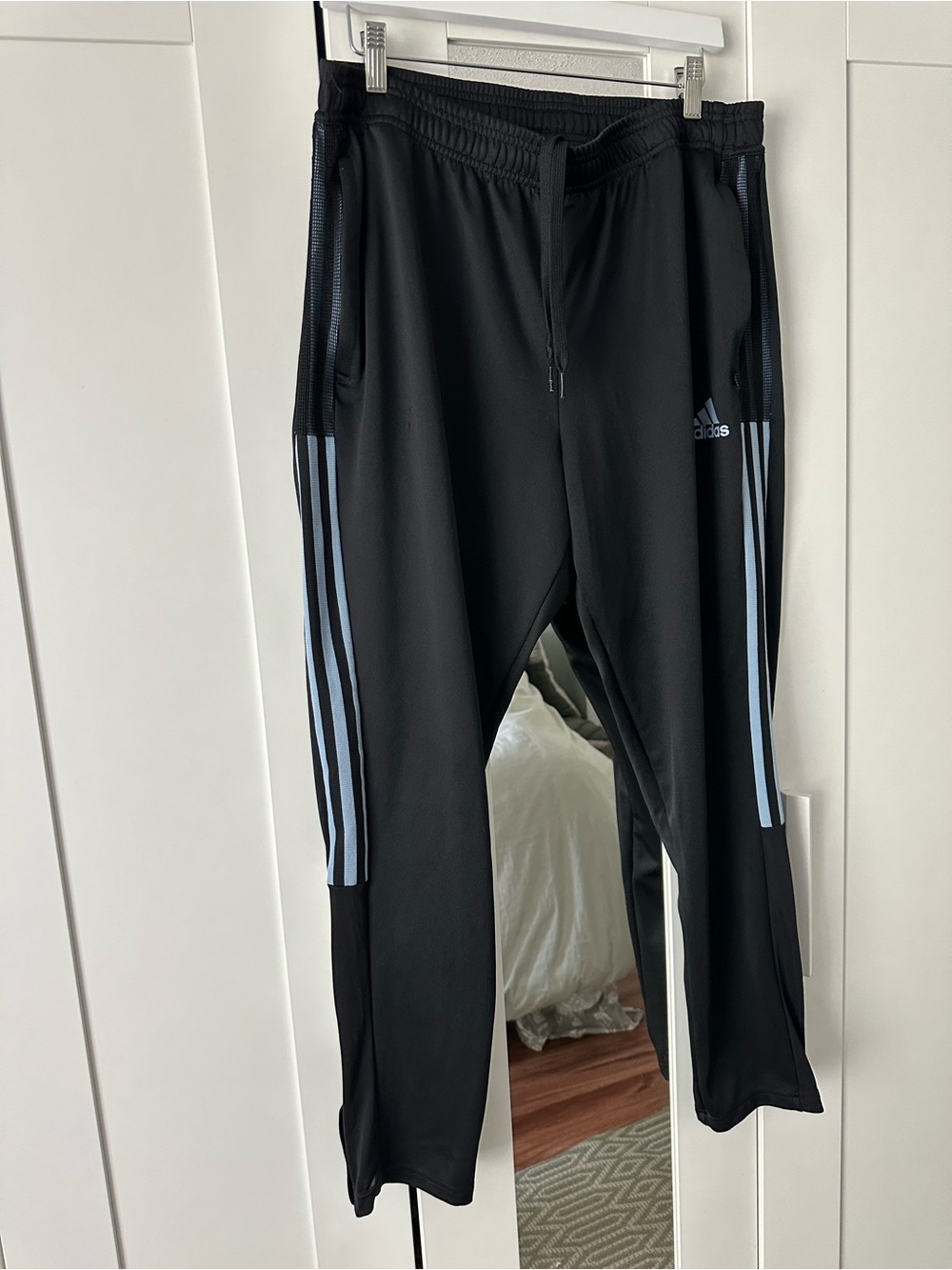 Adidas Men’s Black Track Pants with Light Blue Stripes